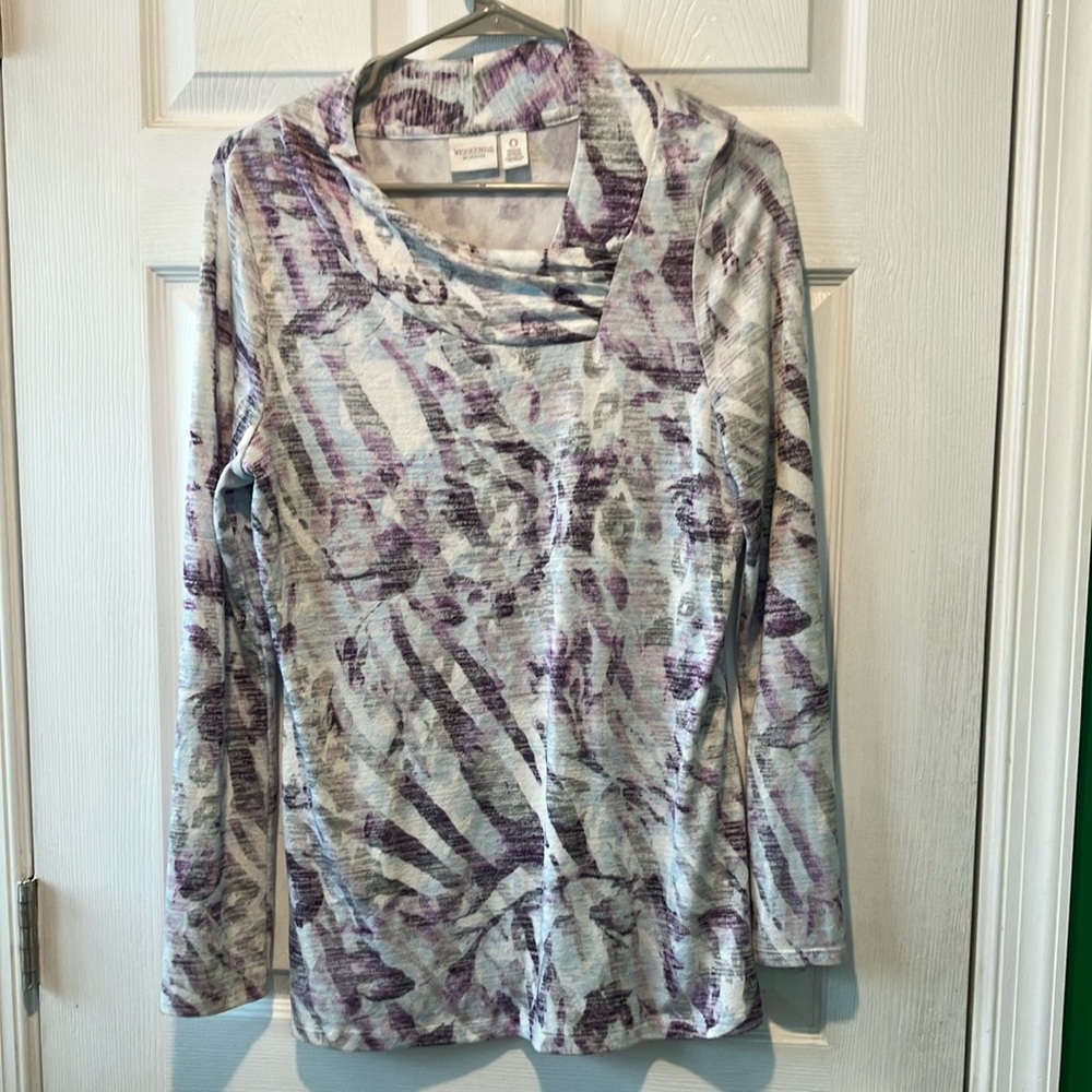 Chico's long-sleeve asymmetrical cowl neck purple white Top small tunic shirt